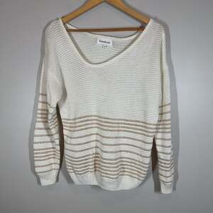 Heartloom Striped Open Knit Sweater Womens Size L Cream Tan Pullover Chunky